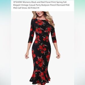 Black midi dress with red roses